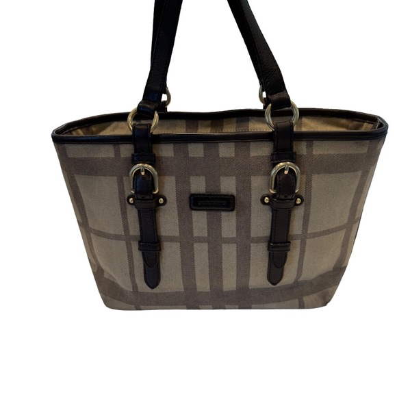 Burberry Women’s Handbag Beige & Tan Fabric With Brown Leather Trim Silver Hdwr - Picture 1 of 14
